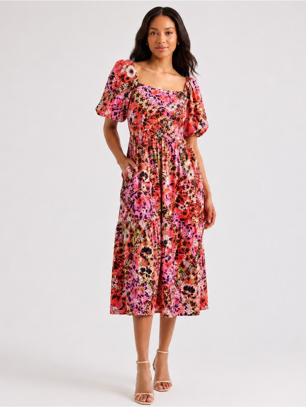 Vince Camuto Floral Puff Sleeve Midi Dress With Pockets NWT Size 6